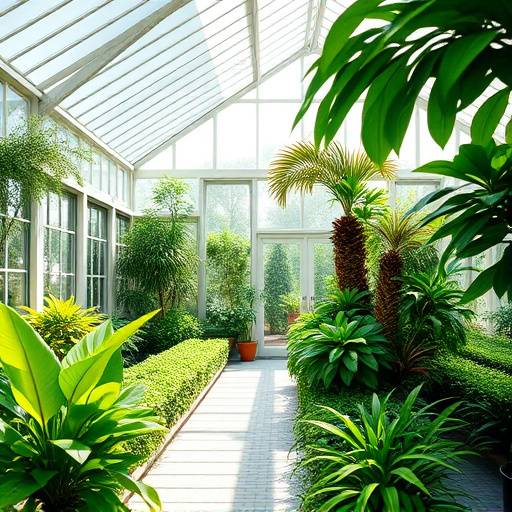 A bright conservatory filled with natural light and abundant lush green plants, creating a serene atmosphere.
