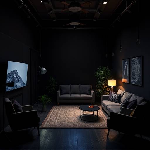 A dramatic studio space with dark walls and furniture, designed for moody photography with customizable lighting setups.