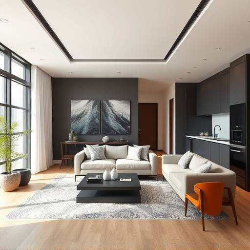 A realistic modern apartment set, including a stylish living room with contemporary furniture and a sleek kitchen.