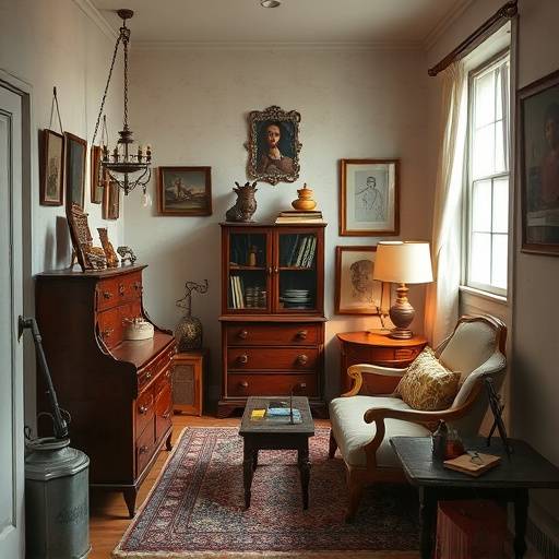 A small, intimate studio space decorated with a charming vintage aesthetic, including antique furniture and unique decorative items.