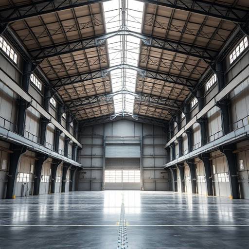 A vast industrial warehouse studio with soaring ceilings, polished concrete floors, and convenient drive-in access for large equipment.