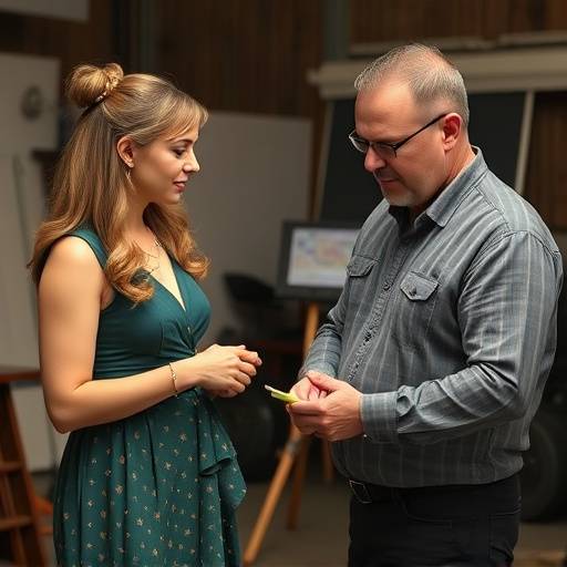 Anastasia Petrova and Dmitri Volkov discussing studio design plans
