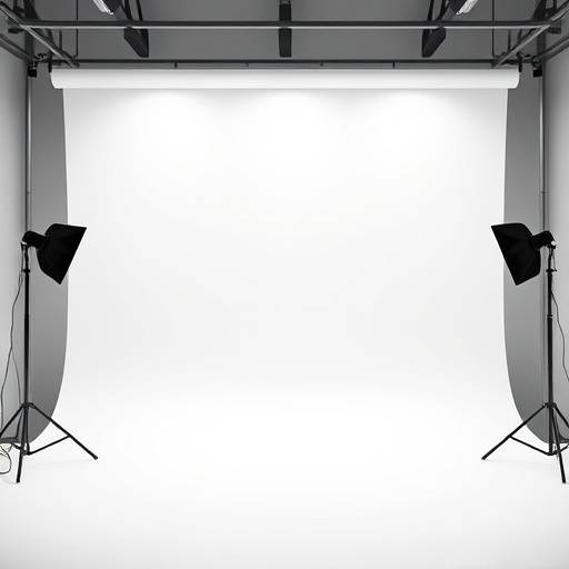 Clean, minimalist studio with a seamless white cyclorama wall, professional lighting equipment, and ample floor space.