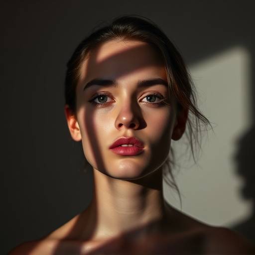 Conceptual portrait with dramatic shadows and contrasting colors in a studio