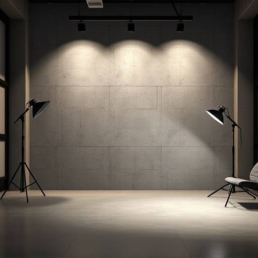 Contemporary studio with adjustable lighting and a concrete wall backdrop