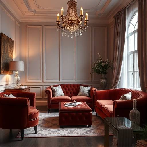 Cozy and elegantly decorated boudoir studio with velvet furniture and soft lighting.