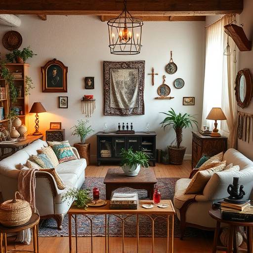 Cozy, bohemian-chic studio space featuring comfortable lounge furniture, vintage decor, and eclectic props.