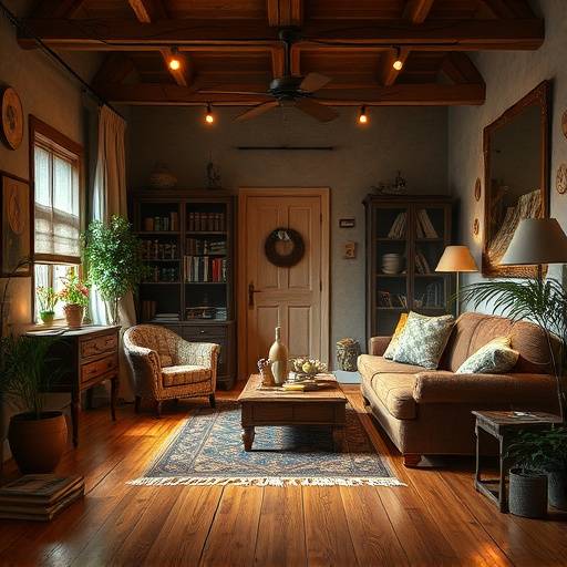 Cozy studio with warm lighting, wooden floors, and vintage props