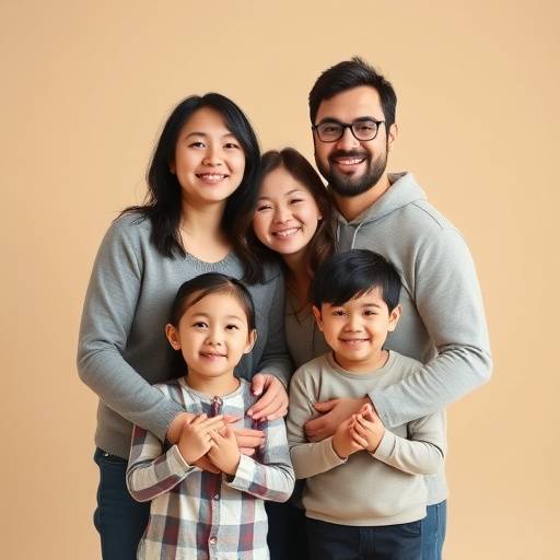 Family portrait session in a studio with warm, soft lighting and a beige backdrop