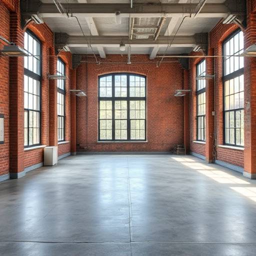 Industrial loft studio with exposed brick walls, large windows, and a concrete floor, bathed in natural light.