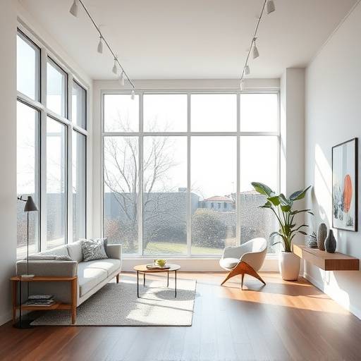 Modern studio with large windows and minimalist decor