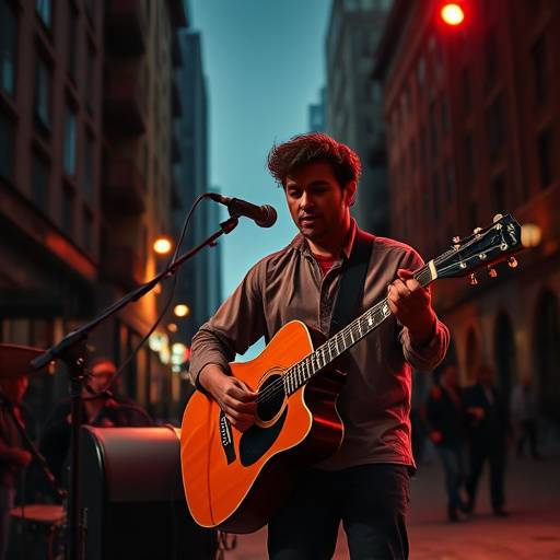 Musician performing in an urban-themed studio with dramatic lighting