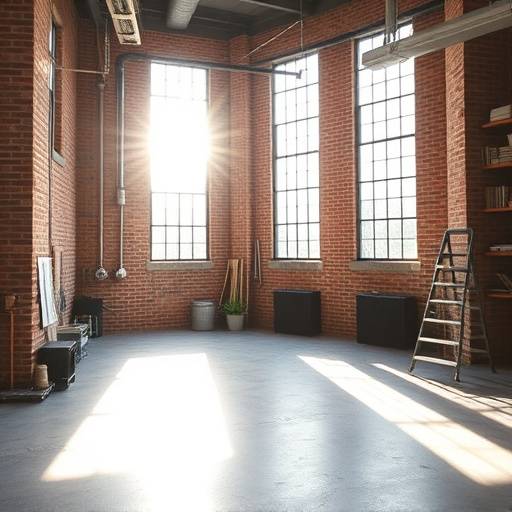 Sunlit industrial loft studio with large windows and exposed brick.